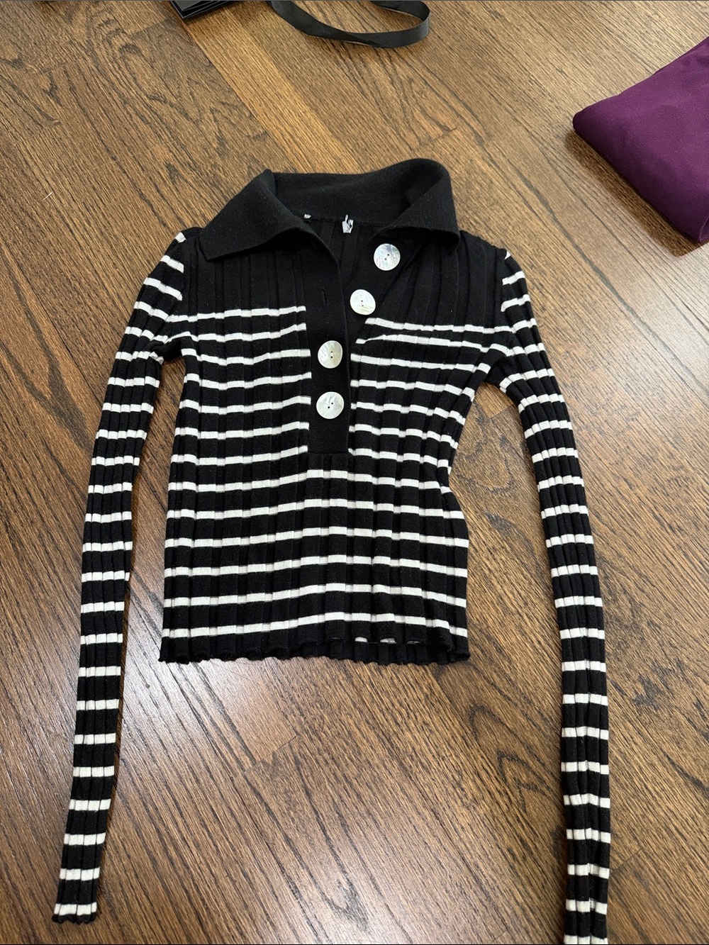Vici Black and White Striped Long Sleeve Polo Sweater